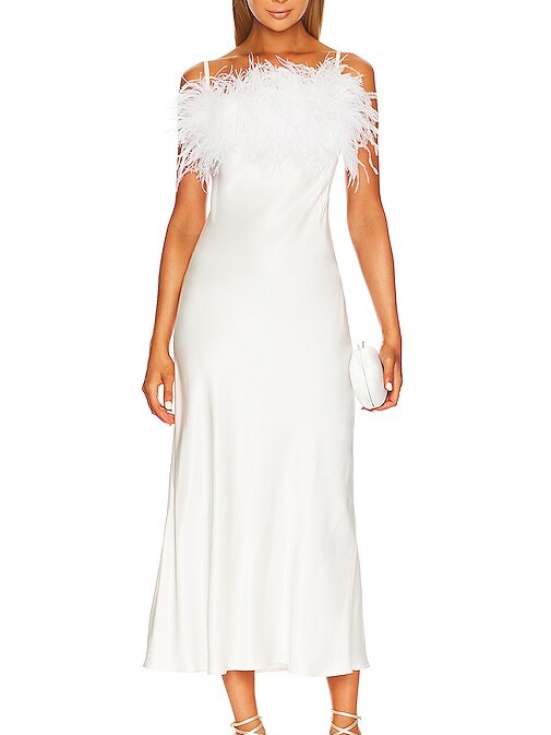 Sleeper White Feather-Trim Slip Dress